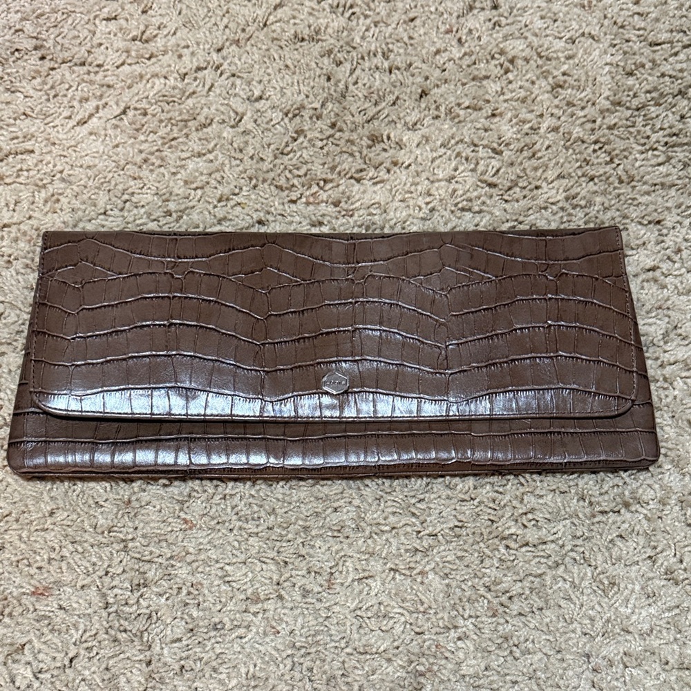Lodis Brown Crocodile Embossed Clutch